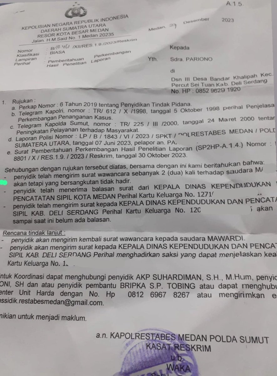 Selamat pagi teman - teman.
kurang lebih 7 bln kasus ini berjalan, dan masih berada pada tahap penyelidikan. Proses penyelidikan terhambat karena ayah angkat almh. tidak memenuhi panggilan penyidik sebanyak 2 kali. 
Dimana, seharusnya diberi tindakan tegas/ panggilan paksa