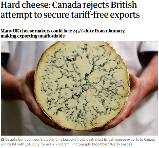 UK’s attempts to at least extend a rollover of the EU terms of trade on cheese exports have been squarely rejected by their Canadian counterparts. “Brexit has not brought any opportunities – no good has come of it,” theguardian.com/politics/2023/…