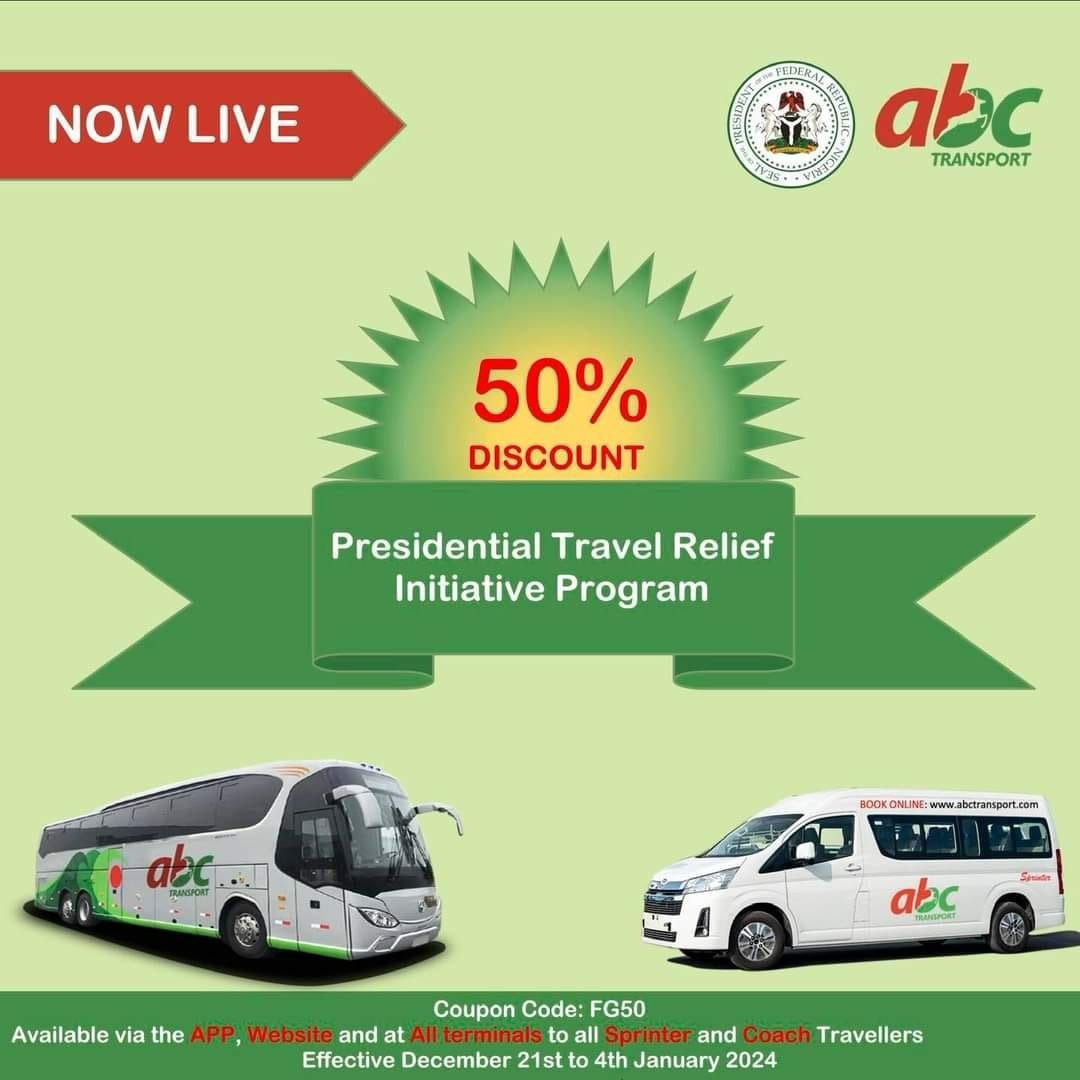 EleluAyoola's tweet image. Another bus company added to the 50% Yuletide options

ABC Transport

In the spirit of Christmas and in line with the Federal Government’s Presidential Travel Relief Initiative, we are pleased to offer our awesome customers 50% off on their travels this season to designated…