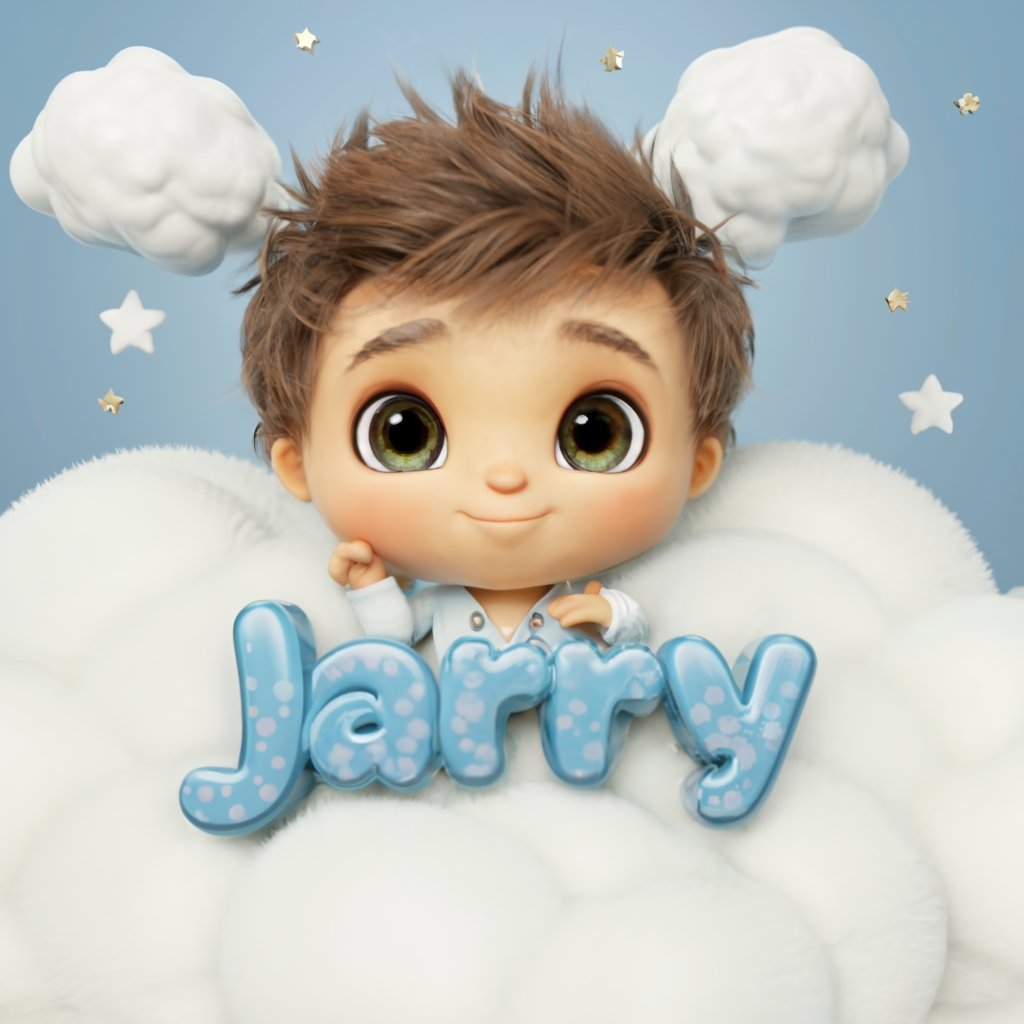 Me: Kawaii baby boy, brunette hair, Green eyes, wearing baby blue and top of the name 'Jarry' cute, fluffy clouds, Golden white and silver stars background, 3d typography. Ai: Your imagination into image done. Me: That is too good.