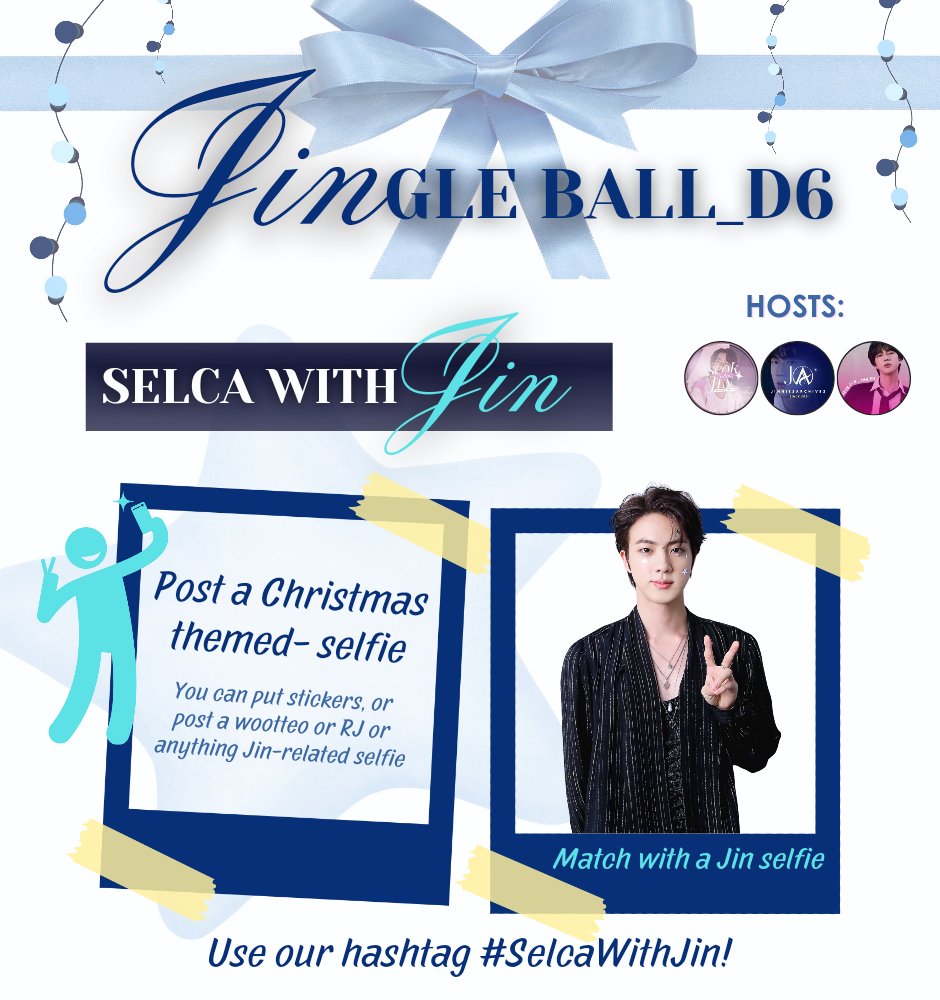 #JINgleBall_Day6 now it's our turn for Selca With Jin! Qrt this tweet or post your selfie (preferably Christmas-themed) and match it with a Jin selfie! You may use stickers, wootteo, RJ, or Jin-related selfie 📸🤳 Use our hashtags #SelcaWithJin