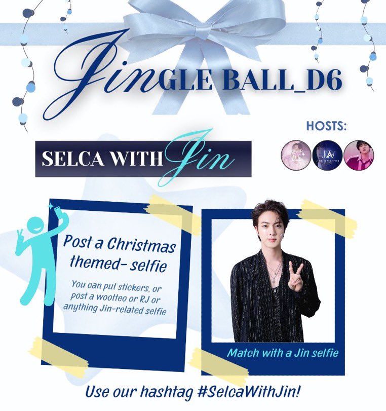#JINgleBall_Day6 now it's our turn for Selca With Jin! Post your selfie (preferably Christmas-themed) and match it with a Jin selfie! You may use stickers, wootteo, RJ, or Jin-related selfie 📸🤳 Use our hashtags #SelcaWithJin