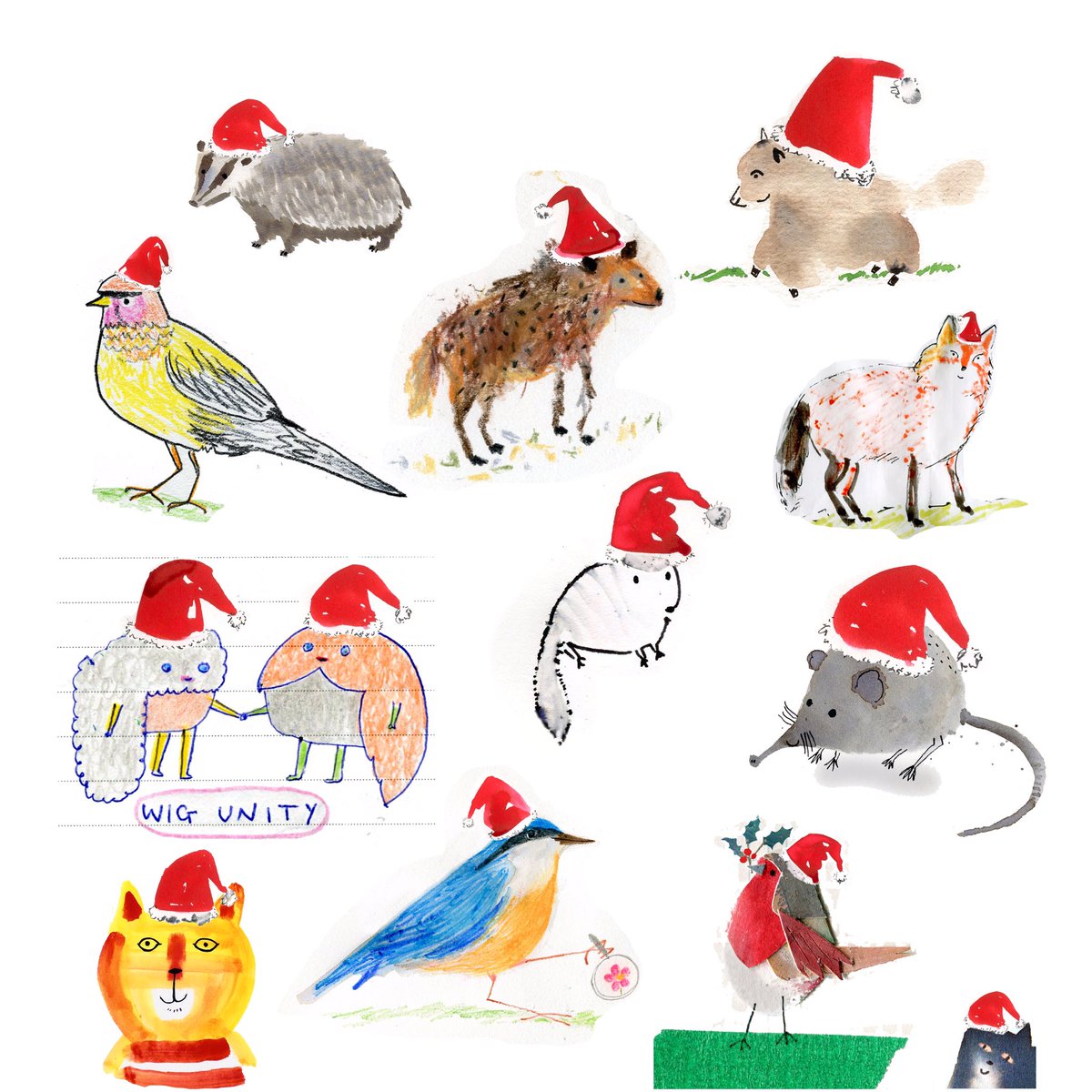 A few of my drawings from this year with added Christmas hats. 
#FestiveFun #colour_collective #ArtistOnTwitter #thedailysketch