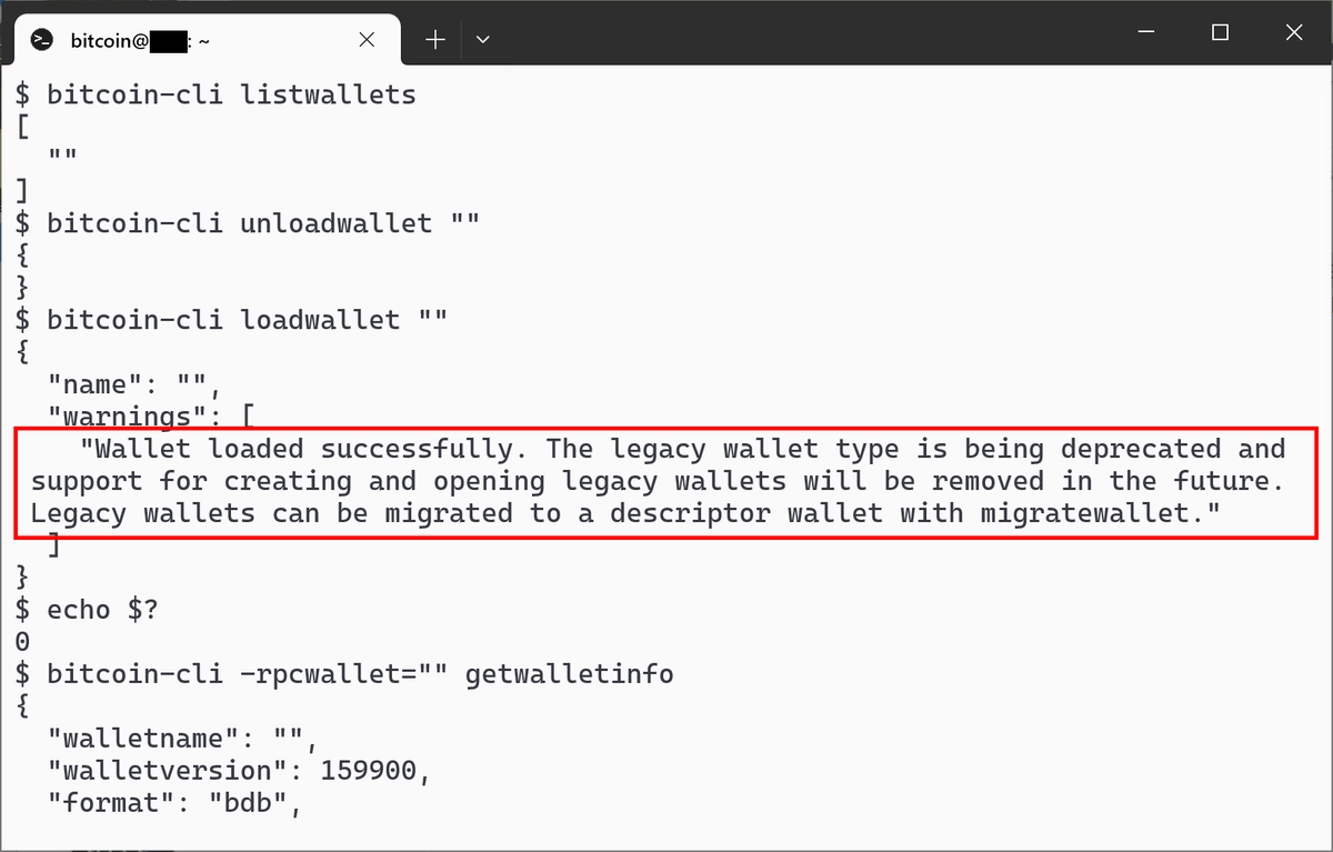 bestbitbid's tweet photo. For Bitcoin Core users:
It's time to migrate to the new Descriptive wallet. The v26 RPC warns you if the wallet is in Legacy format when you load it. Beware, the node daemon logs no error or warning message as of v26. Therefore, you won't notice by just updating the node binary. https://t.co/B5LWheGiAL