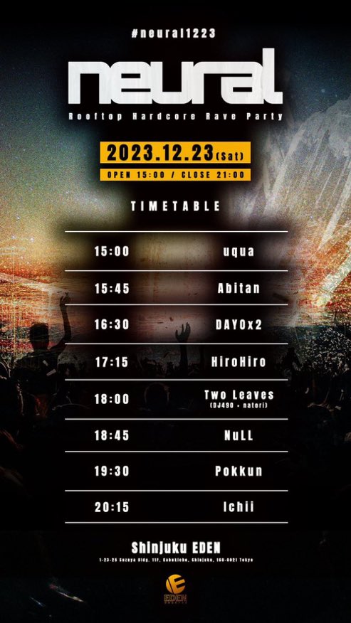 hirohiro_hrhr's tweet photo. [本日開催！]
neural
~Rooftop Hardcore Rave Party~
#neural1223

2023.12.23(sat) 15:00-21:00
Shinjuku EDEN @EDENbbq_rooftop
￥2000-(+1D)

今日‼️‼️‼️‼️‼️‼️‼️‼️
お待ちしてます‼️‼️‼️‼️‼️‼️
UK Hardcoreとお肉で爆��り爆食いするぞ‼️‼️‼️‼️‼️‼️‼️‼️ https://t.co/JQ22Zeq8Sp