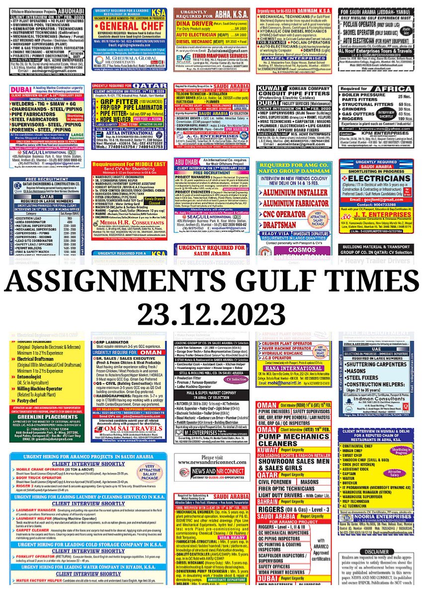 Assignments Gulf Times PDF - 23.12.2023
PDF Link - drive.google.com/file/d/1MIC8XW…

#GulfJobs #Qatarjob #JobsinSaudiArabia #jobsindubai #AbroadJobs #job #Dubai #Dubaijobs