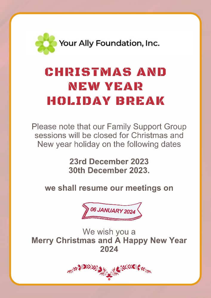 As Your Ally Foundation Inc, we're taking a festive break! No family support group meetings on Dec 23rd 2023 and 30th December  2023 but we'll be back on Jan 6th, 2024.
Wishing everyone a Merry Christmas and a Happy New Year!  #AllyFoundation #HolidayGreetings #addictionrecovery