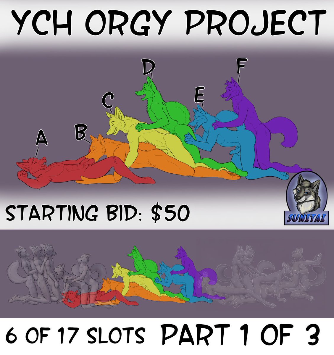 Alrighty doing something a little new here.   

This is a YCH part 1 of a long 17 slot (so far) orgy.   

Full details found here: furaffinity.net/view/54898879/

#YCH