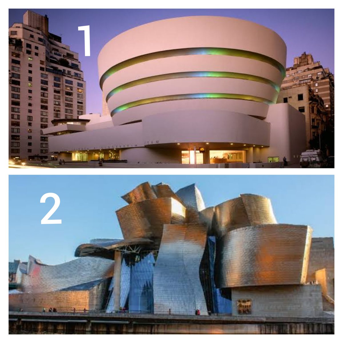 crisjose1's tweet photo. #arquitectura
¿cuál de los dos?
1-Museo Guggenheim, New York
Frank Lloyd Wright.
2-Museo Guggenheim, Bilbao.
Frank Gehry. https://t.co/p1oLwTBbUI