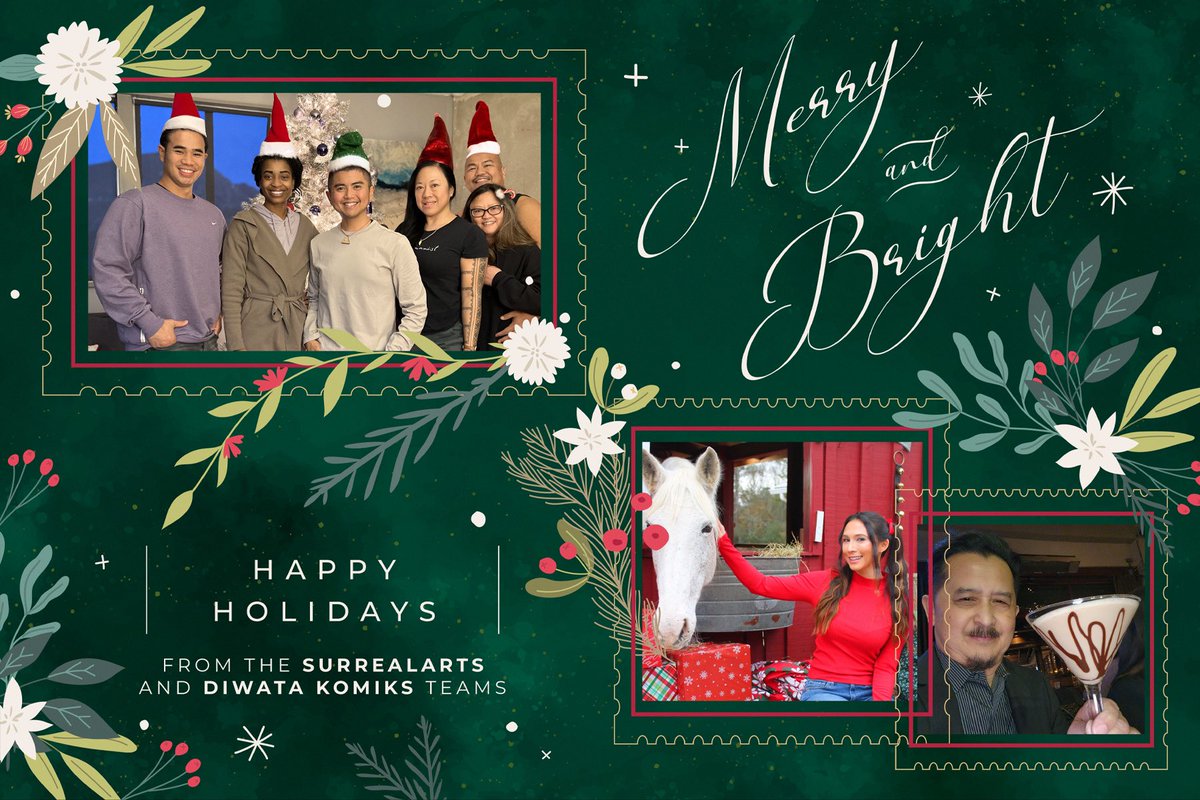 From our growing creative families to yours, Happy Holidays from the @SurrealArtsStud and @DiwataKomiks teams!

#HappyHolidays #MerryAndBright #SurrealArts #DiwataKomiks #CreativeTeam #Holidays2023
