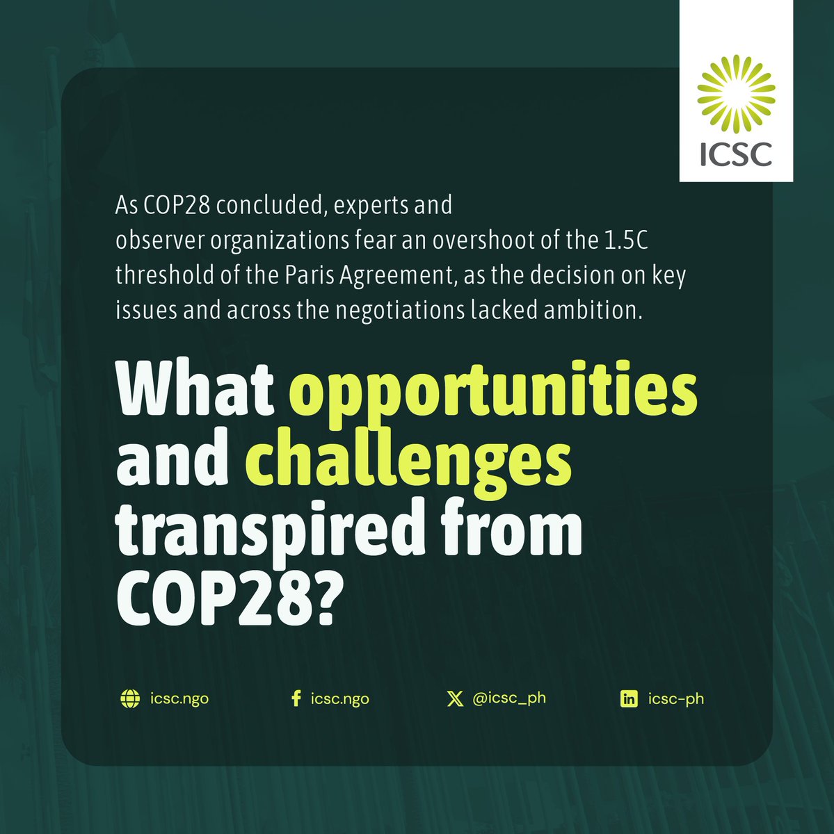 ICSC joined this year’s #COP28 in Dubai, UAE, actively participating in discussions and activities on the #GlobalStocktake (GST), #Adaptation and #Mitigation, #Energy, #ClimateFinance, #LossAndDamage, and innovative #ClimateAction.