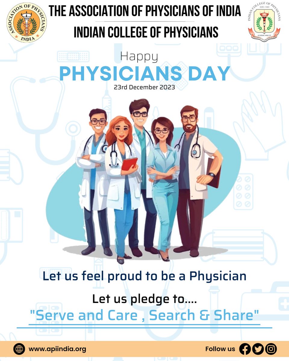 Saluting the healers, the heroes in white coats! #HappyPhysiciansDay to our dedicated medical community. 🩺💙

DR GIRISH MATHUR 
PRESIDENT-API
DR JYOTIRMOY PAL 
DEAN-ICP
DR AGAM VORA 
SECRETARY-API

#PhysiciansDay2023 #API #ICP #IndianCollegeofPhysicians #Physicians