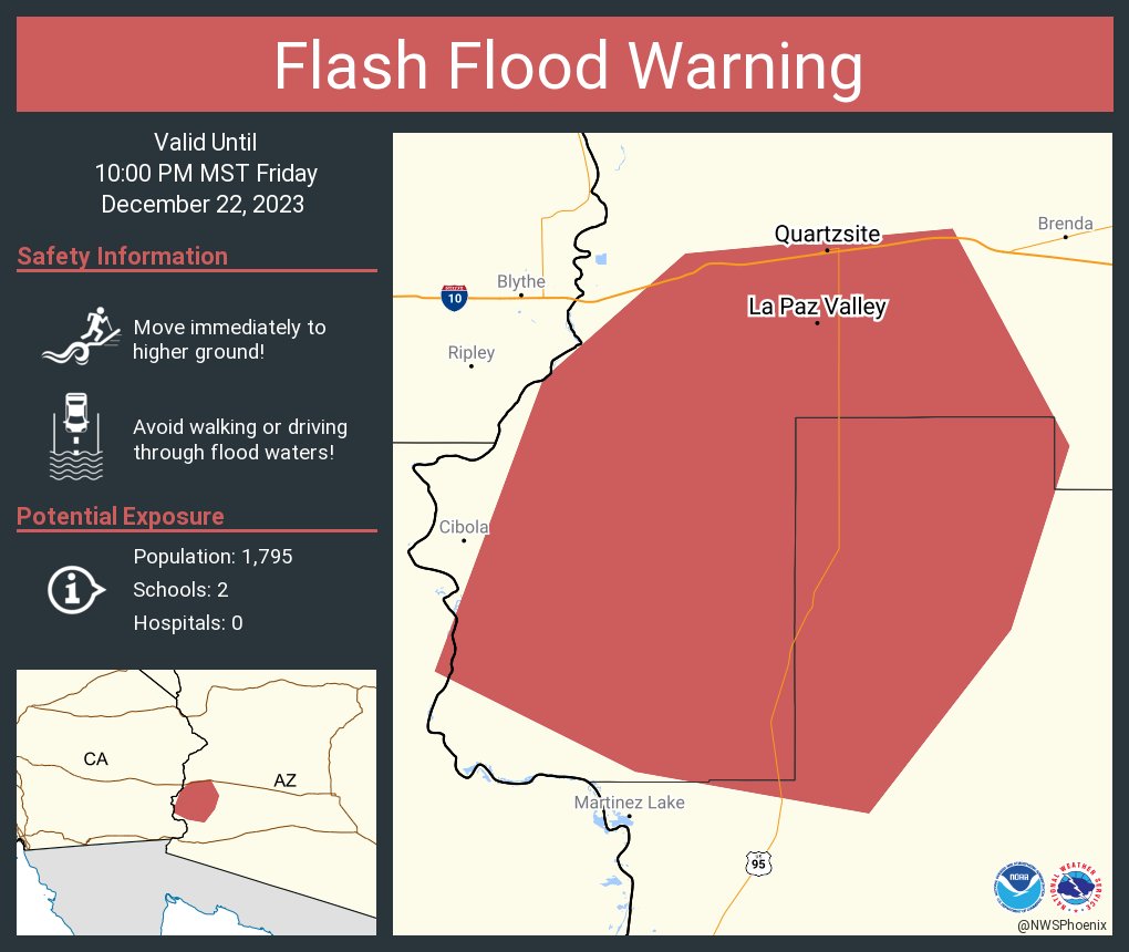 NWSPhoenix's tweet photo. Flash Flood Warning continues for Quartzsite AZ and  La Paz Valley AZ until 10:00 PM MST https://t.co/plGzBXoOCa