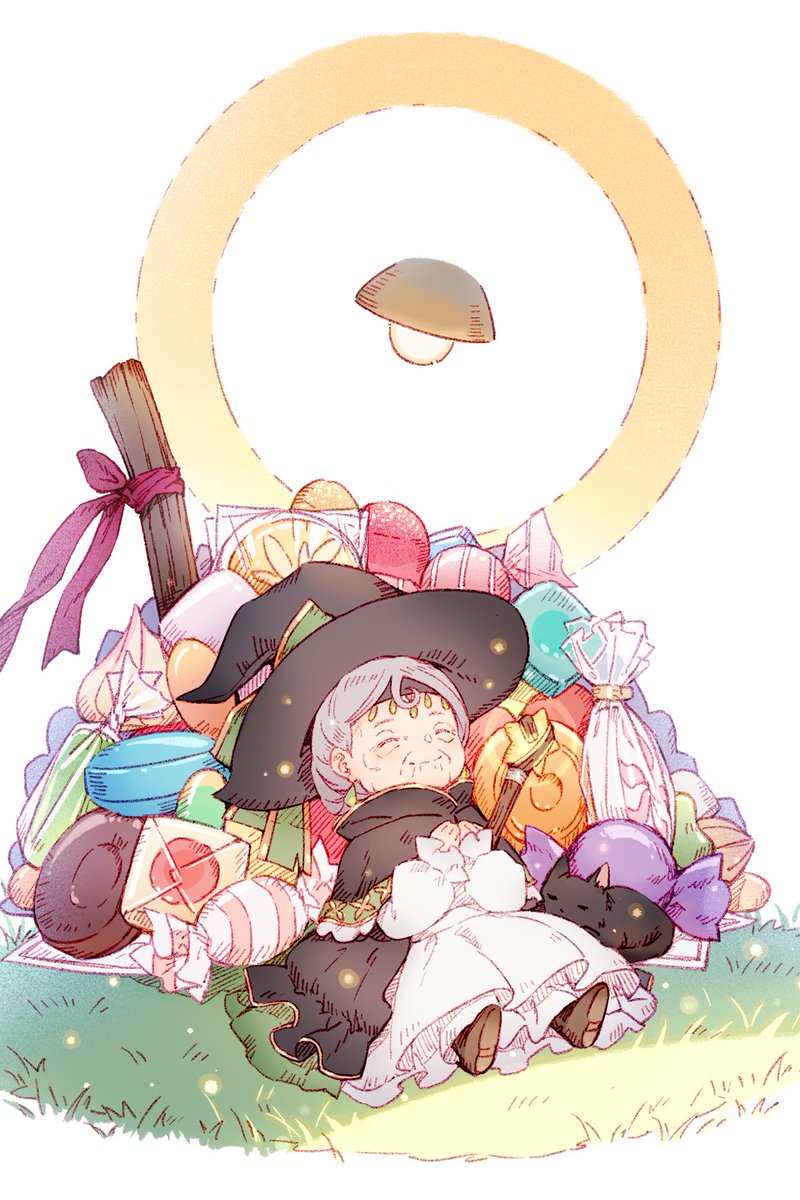 1girl old woman hat witch hat food candy grey hair  illustration images