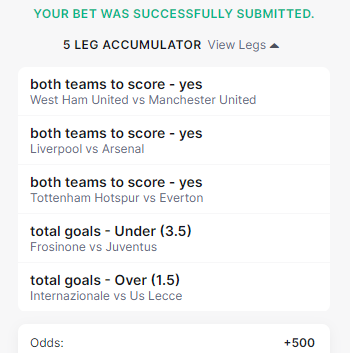 betswithflav's tweet photo. ACCOUNT BUILDER PARLAY | EPL/SERIE A 🇮🇹🏴
Odds: +500 ⚡
Picks:
◼️West Ham United vs Manchester United | BTTS
◼️Liverpool vs Arsenal | BTTS
◼️Tottenham vs Everton | BTTS
◼️Frosione vs Juventus | Under 3.5
◼️Internazionale vs Us Lecce | Over 1.5
#flavbets #gamblingx #soccerbets https://t.co/ibgSdALbQV