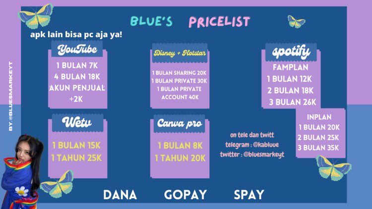 pagi all! 
kumpul yang lagi cari apk prem murah, legal, bukan apk mod, terpercaya. 
sini order di aku,testi ? udh banyak jadi tenang aja 😉

tag. jual beli murah netflix, youtube, viu, wetv, canva pro, disney+ terpercaya.

ini pl nya ya👇
#zonauang #MyDemon #ONEPIECE1102