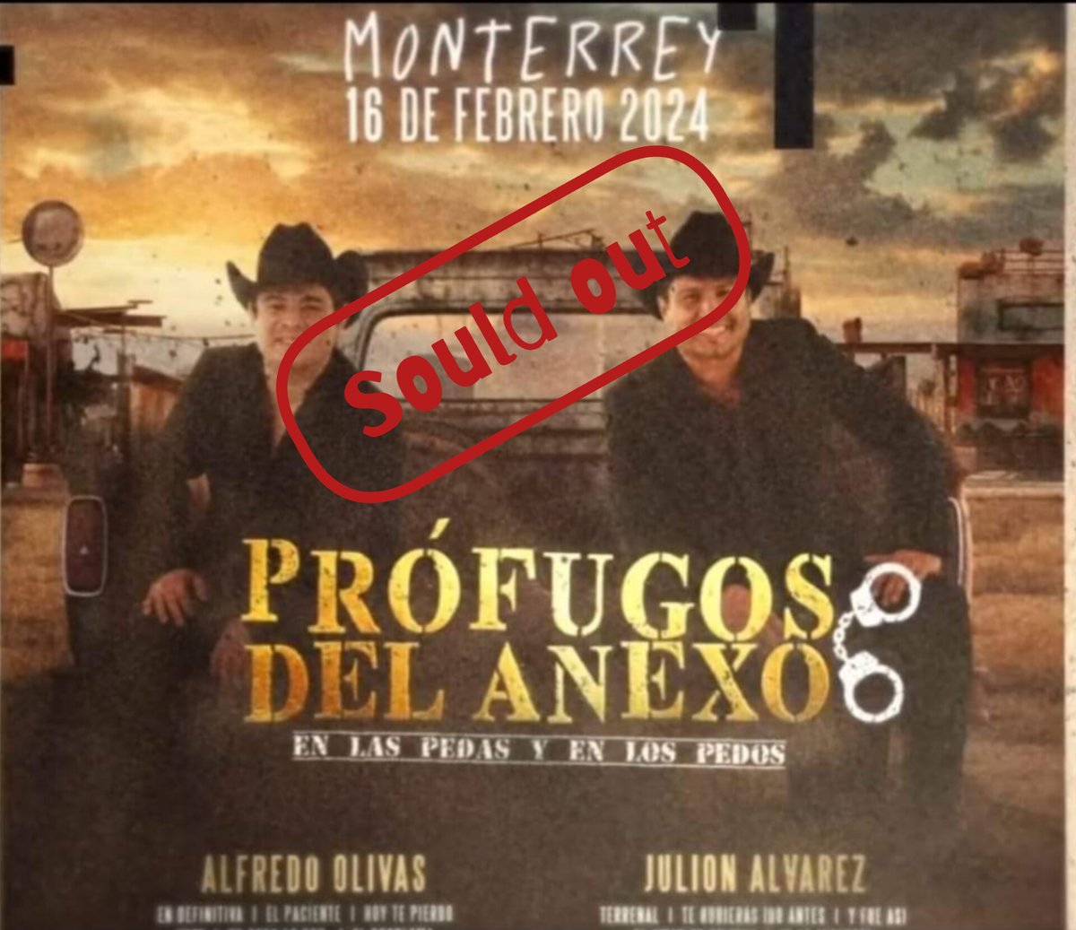 A unas horas de haber iniciado la venta de boletos para la primer fecha del tour #PrófugosDelAnexo se agotaron los lugares, y se anunció una segunda fecha para Monterrey N.L. el 17 de febrero.

#DeLaRedLaMeraMera
#AlfredoOlivas
#JulionAlvarez