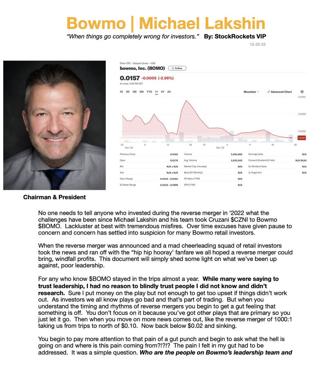 stockrocketsvip's tweet photo. $BOMO It's time to talk about the elephants in the room. Bowmo leadership.
@bowmonyc @eddieaizman1 @Mneece @own_verse @MichaelLakshin #BOMO #RetailTradersMatter #OTC #Stocks https://t.co/vLmzBLbOUf