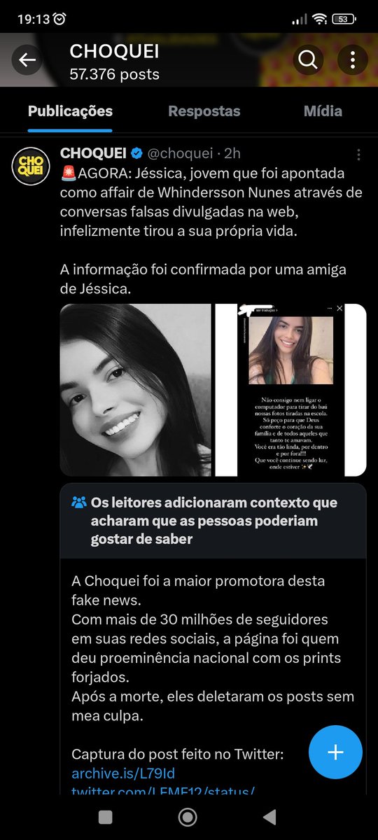 Fake News promovida pela <a href="/choquei/">CHOQUEI</a> causou um suicídio. #Denunciem