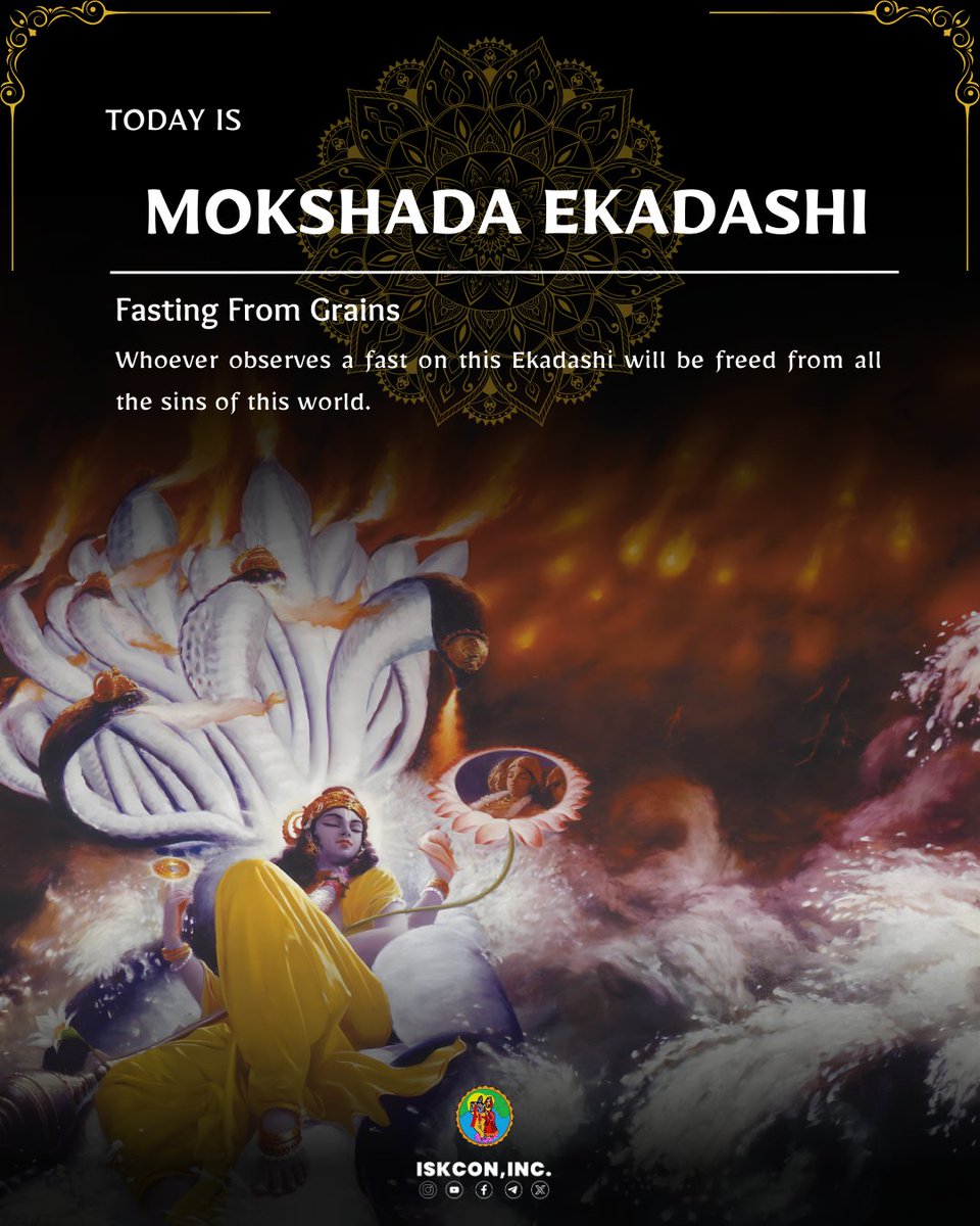 Today is Mokshada Ekadashi. Fasting from grains.
Chant minimum 25 rounds of Hare Kṛṣṇa Mahamantra. Do more seva, engage yourself in Kṛṣṇa katha.  

#ekadashi #Festival #Celebration  #krishnaconsciousness #krishna #harekrishna #SrilaPrabhupada