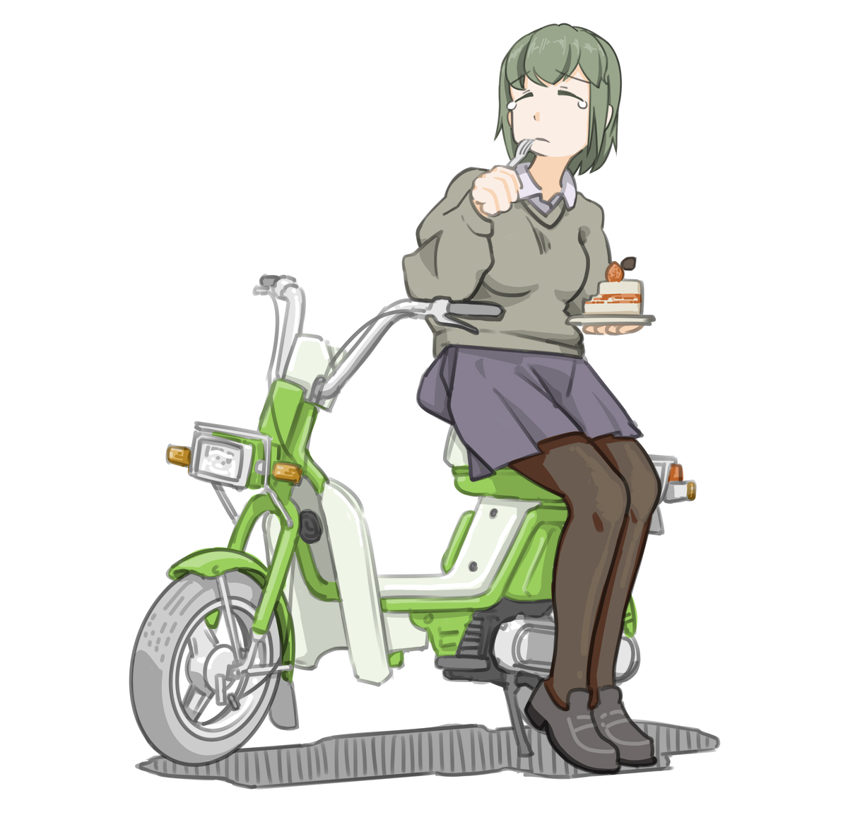 「「なんでクリスマスにぼっちでケーキをバイクの上で食べてるんだろう……」とつぶやく」|きわみらい@バイクJKのイラスト描きのイラスト