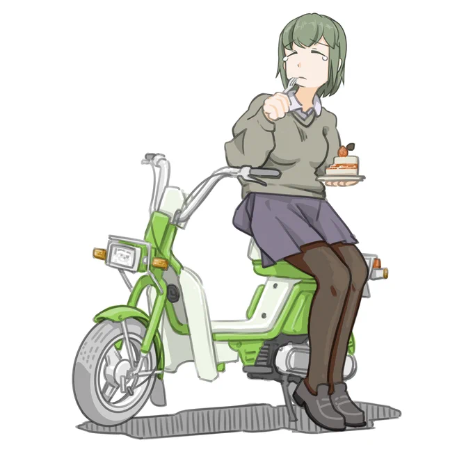 「なんでクリスマスにぼっちでケーキをバイクの上で食べてるんだろう……」とつぶやく女子です。(スズキ ユーディミニ)#バイクJK#イラスト 