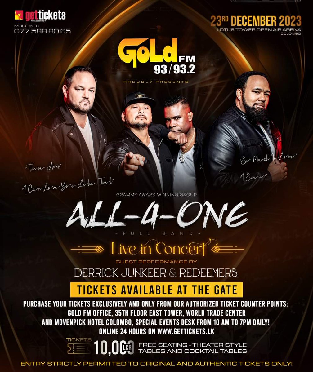 IT'S HAPPENING TODAY at Colombo Lotus Tower!

Gold FM @goldfm proudly Presents All- 4 -One - Live In Concert - Backed by Their Full Band | Guest Performance By Derrick Junkeer & The Redeemers.

Get ready to be mesmerized tonight..

#ColomboLotusTower #Goldfm #Goldfamily #All4one