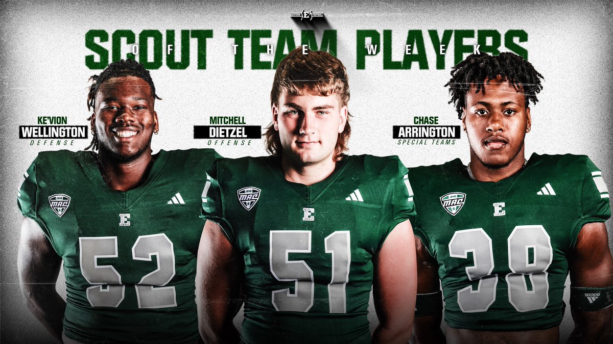 EMUFB's tweet photo. The @68VenturesBowl Scout Team Players of the Week are...

Defense: Ke'Vion Wellington

Offense: Mitchell Dietzel

Special Teams: Chase Arrington 

#ETOUGH ⛓️ #TheStandard https://t.co/xwRYPOHUt6
