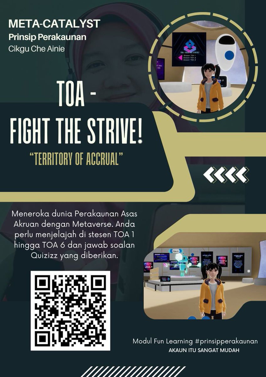 CikguChe's tweet image. Meta-Catalyst

Saya kongsikan link bahan pdp prinsip perakaunan ini…😊😊

Boleh scan QR dalam setiap poster utk menjelajah dunia metaverse..

Rasanya 2024, akan bertambah poster nih😁
InshaAllah.
#metaskool #spatial #mitoworld #metaverse
