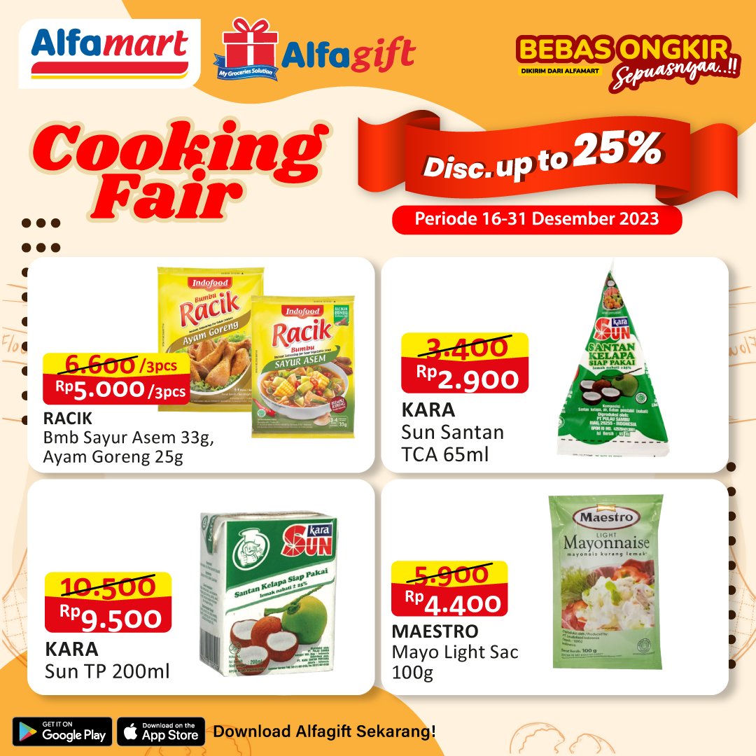 alfamart's tweet photo. ✨ Masak makin asik gara-gara ada Diskon Hingga 25% untuk produk Kebutuhan Dapur di Alfamart 

Cuss langsung ke #Alfamart terdekat atau bisa juga di #Alfagift ada GRATIS ONGKIR Sepuassnya!!😎

Periode 16-31 Desember 2023
#CookingFair https://t.co/iBvhSVAMKU