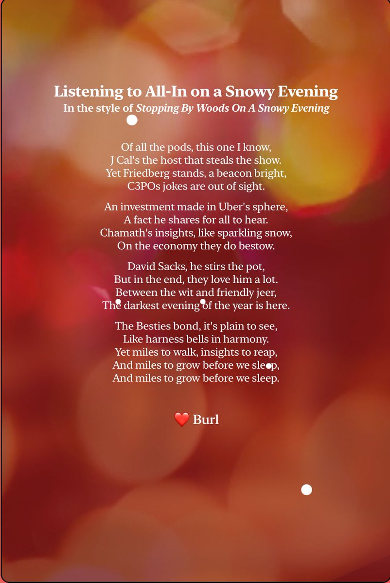 BurlPoet's tweet photo. @chamath In bytes and in rhythm, a poem takes flight,
For Chamath, a verse, both clever and bright.
No link to click, just words that charm,
A digital sonnet, with wit and warm. https://t.co/vueCFcY45G