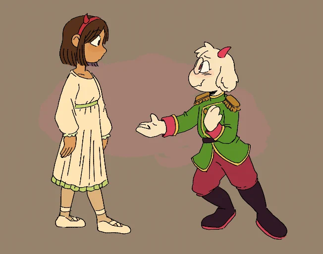 ralsei, as the nutcracker prince, has his hand extended towards kris, as clara. kris is wearing a cream-colored nightdress with green trimming, ballet shoes, and their childhood red horn headband. ralsei is wearing a green and pink prince's outfit. ralsei is smiling softly and kris seems surprised or apprehensive.