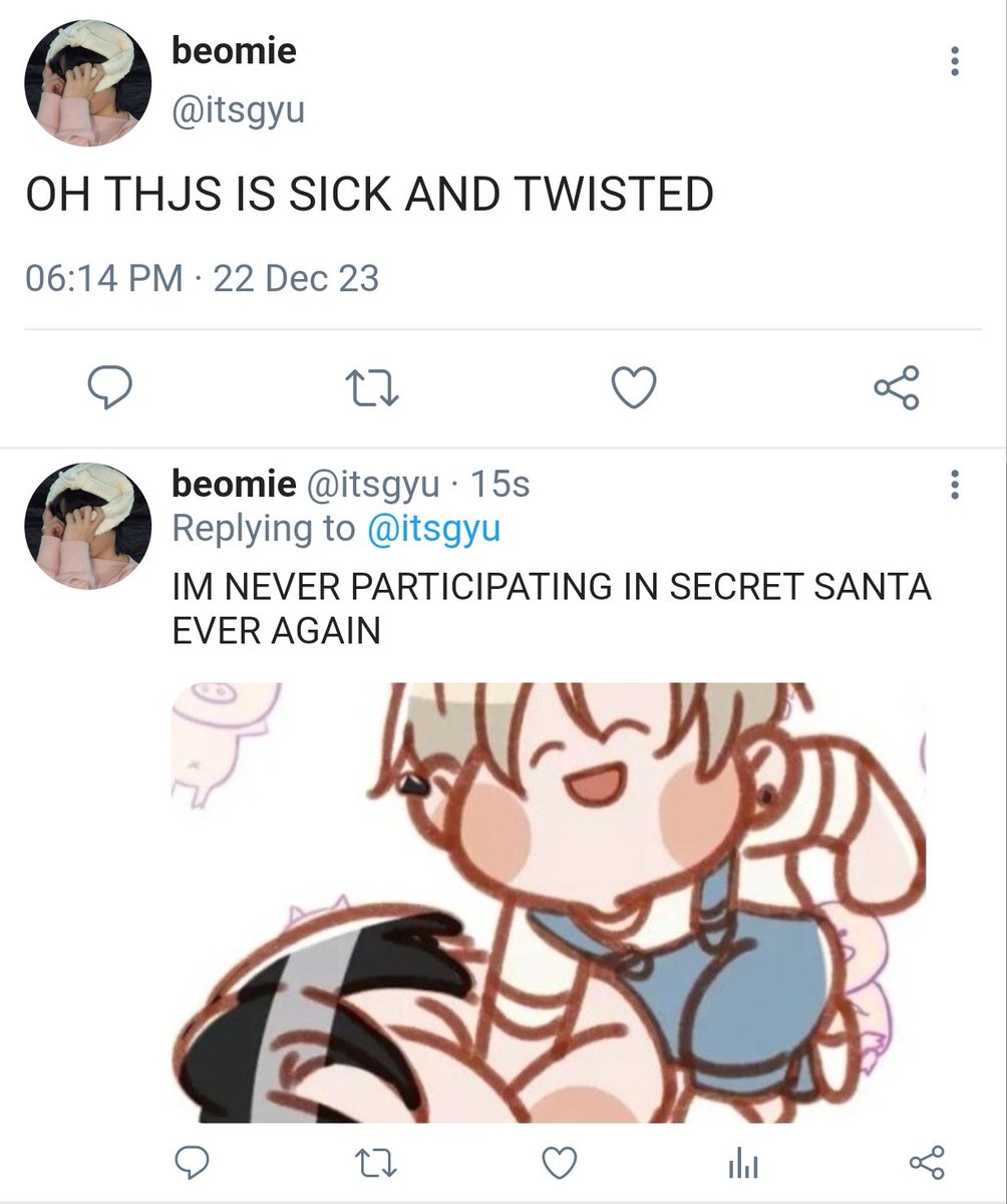 bonitobomi's tweet photo. beomjun secret santa gone wrong au

 where beomgyv gets a shitty gift and yeonjvn makes it up to him. https://t.co/infoCTGa8c