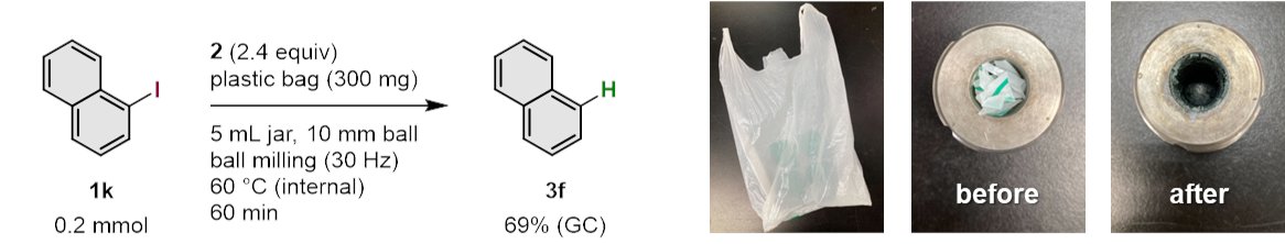 We've discovered that ball milling commodity plastics serves as a safe radical source, initiating intriguing reactions! Surprisingly, a simple plastic bag from a supermarket can be employed in this process! @k0j1chem,@ICReDDconnect,@J_A_C_S pubs.acs.org/doi/10.1021/ja…