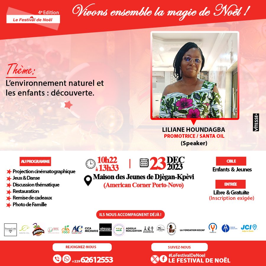 FestivalDeNoel's tweet photo. Jour 2 / Le Festival de Noël.
Apprêtez-vous à vivre des moments inoubliables.

#LeFestivalDeNoel
#TresorLink 
#VitessePlus 
#SantaOil 
#TresorAdo 
#AKTInstitite 
#Noel
#Benin https://t.co/7ZnnBMoocq