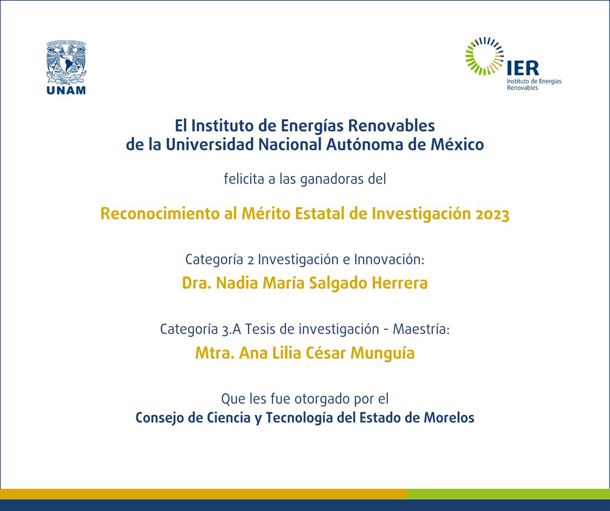 Felicitamos a las ganadoras del #IER por su Reconocimiento al Mérito Estatal de Investigación 2023, otorgado por el <a href="/ccytem/">Consejo de Ciencia y Tecnología del Estado Morelos</a>

¡Enhorabuena 🎉!

#OrgulloUNAM #OrgulloIER #REMEI2023