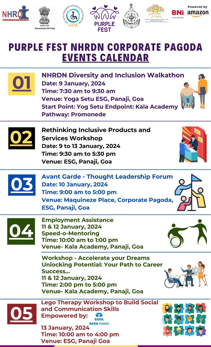 Join us for an unforgettable journey of Diversity and inclusion at the exclusive NHRDN 'Corporate Pagoda' during the International Purple Fest 2024, Goa Here's a glimpse of the vibrant events lined up from January 9th to 13th: