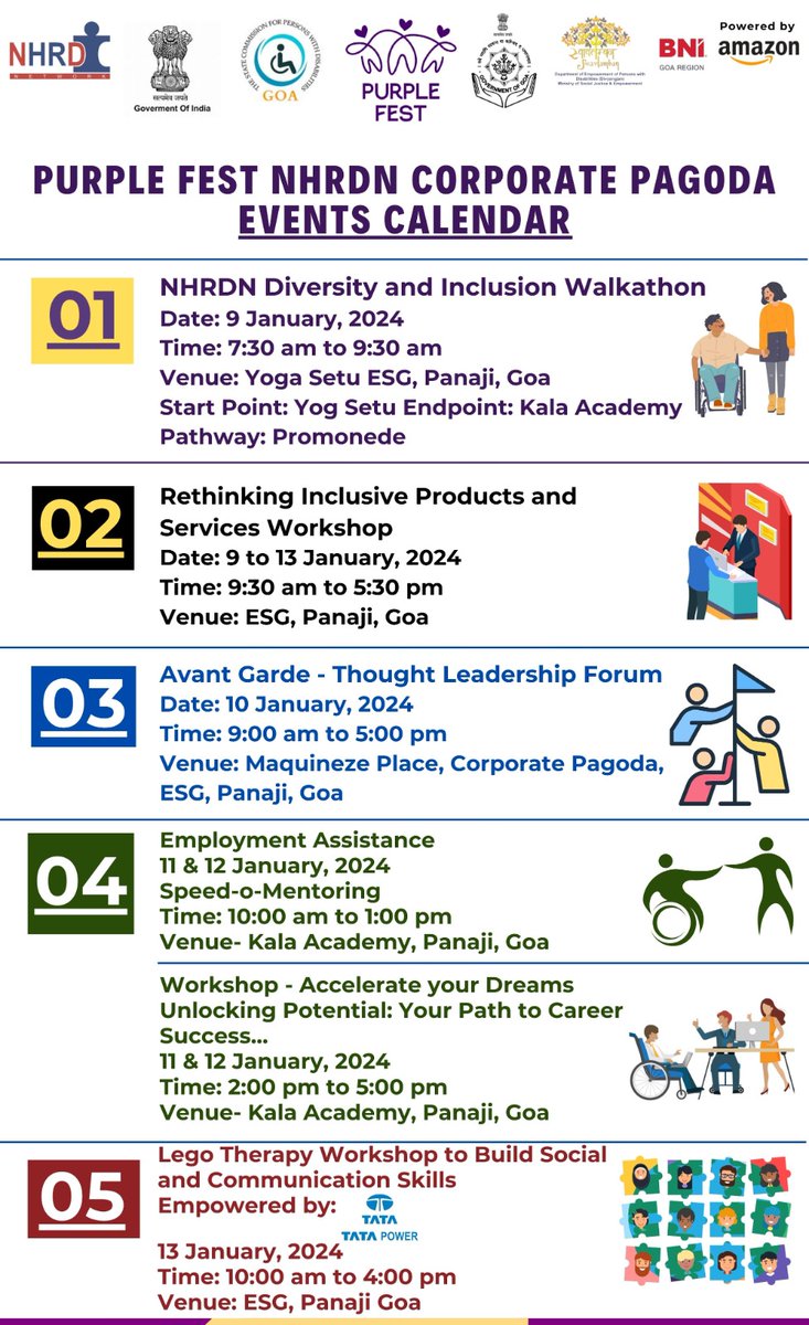 NHRDN's tweet photo. Join us for an unforgettable journey of Diversity and inclusion at the exclusive NHRDN 'Corporate Pagoda' during the International Purple Fest 2024, Goa

Here's a glimpse of the vibrant events lined up from January 9th to 13th: https://t.co/8r3PMixG0h