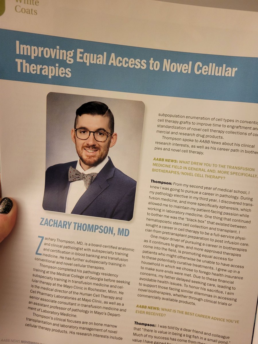 chloeirena's tweet photo. Reading my newest copy of @AABB News and ran into this article feat. a fellow Thompson who I have the honor of calling a friend. @TZThompsonMD, you are a delightful human working in our field (I am floored by your answers, you are so cool) and outside of it. https://t.co/hVPf8V8MI9