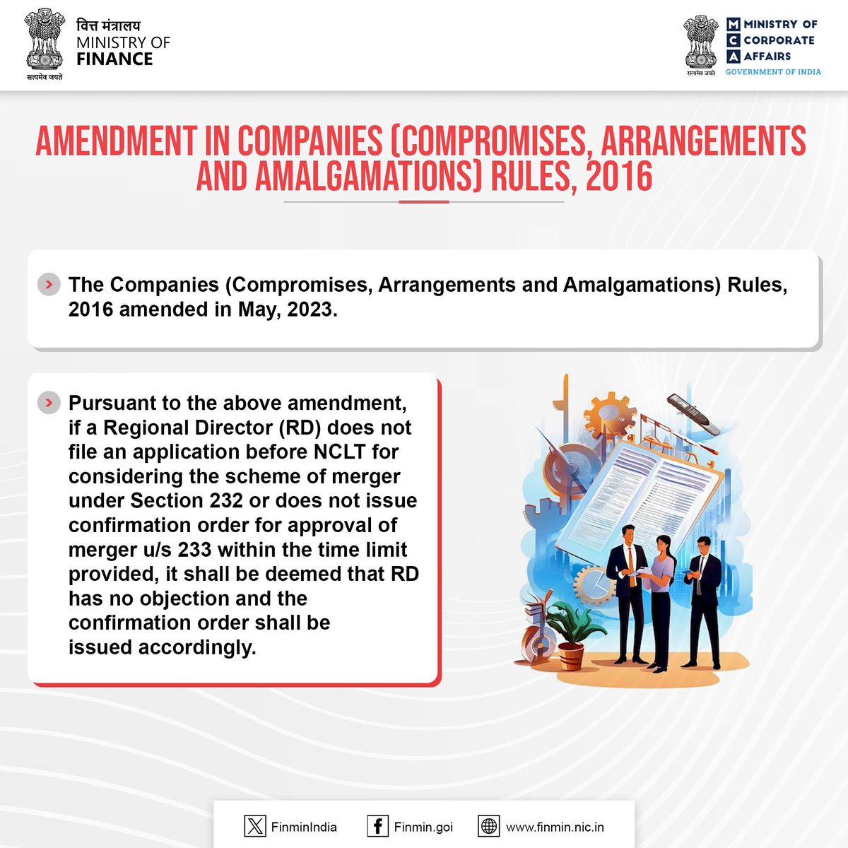 Amendment in Companies Rules 2016 ensures a faster process to complete the merger.

#ViksitBharat 
#FinMinReview2023
#MCAReview2023
