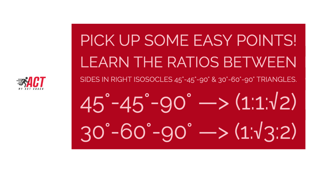 Pick up some easy points! Learn the ratios between sides in Right Isosocles 45°-45°-90° & 30°-60°-90° triangles. #actprep #satprep #testprep #tutoring #act #sat #collegeprep #education #highschool #ACTProTip