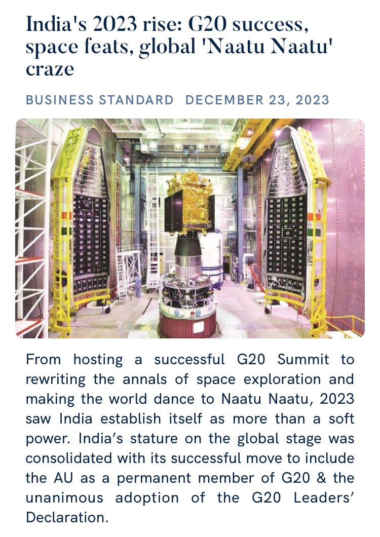 🇮🇳 India's 2023 highlights: G20 success, stellar space feats, and a global 'Naatu Naatu' craze! 

 #India2023 #G20Success #SpaceAchievements #NaatuNaatu

via NaMo App