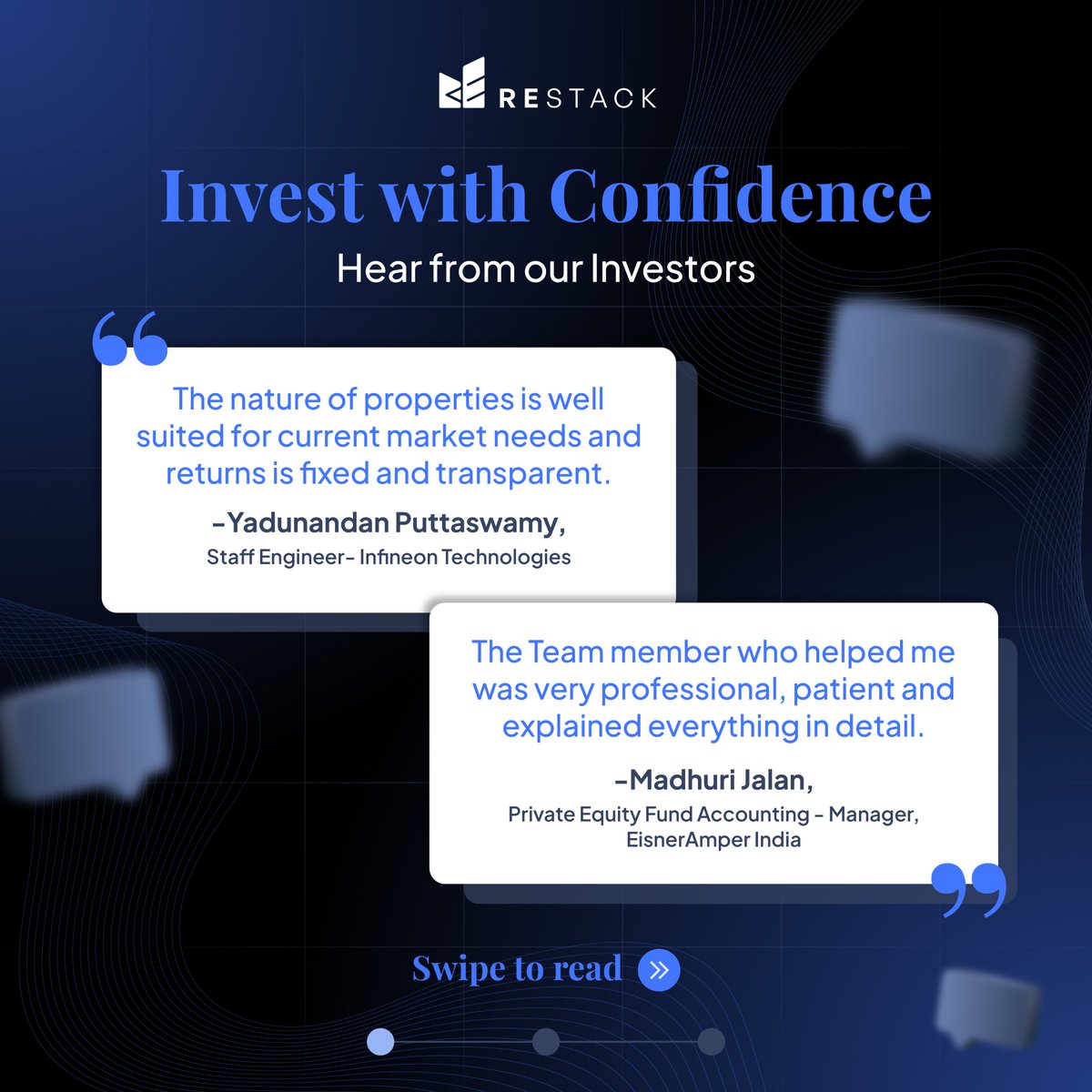 restackofficial's tweet image. Explore The Restack: Revolutionizing Real Estate Investments!

Our latest testimonials highlight the seamless experience of our platform and the dedicated support to our registered users.

Visit TheRestack.com to know more.

#RealEstateInvesting #TheRestack #NCD #CRE
