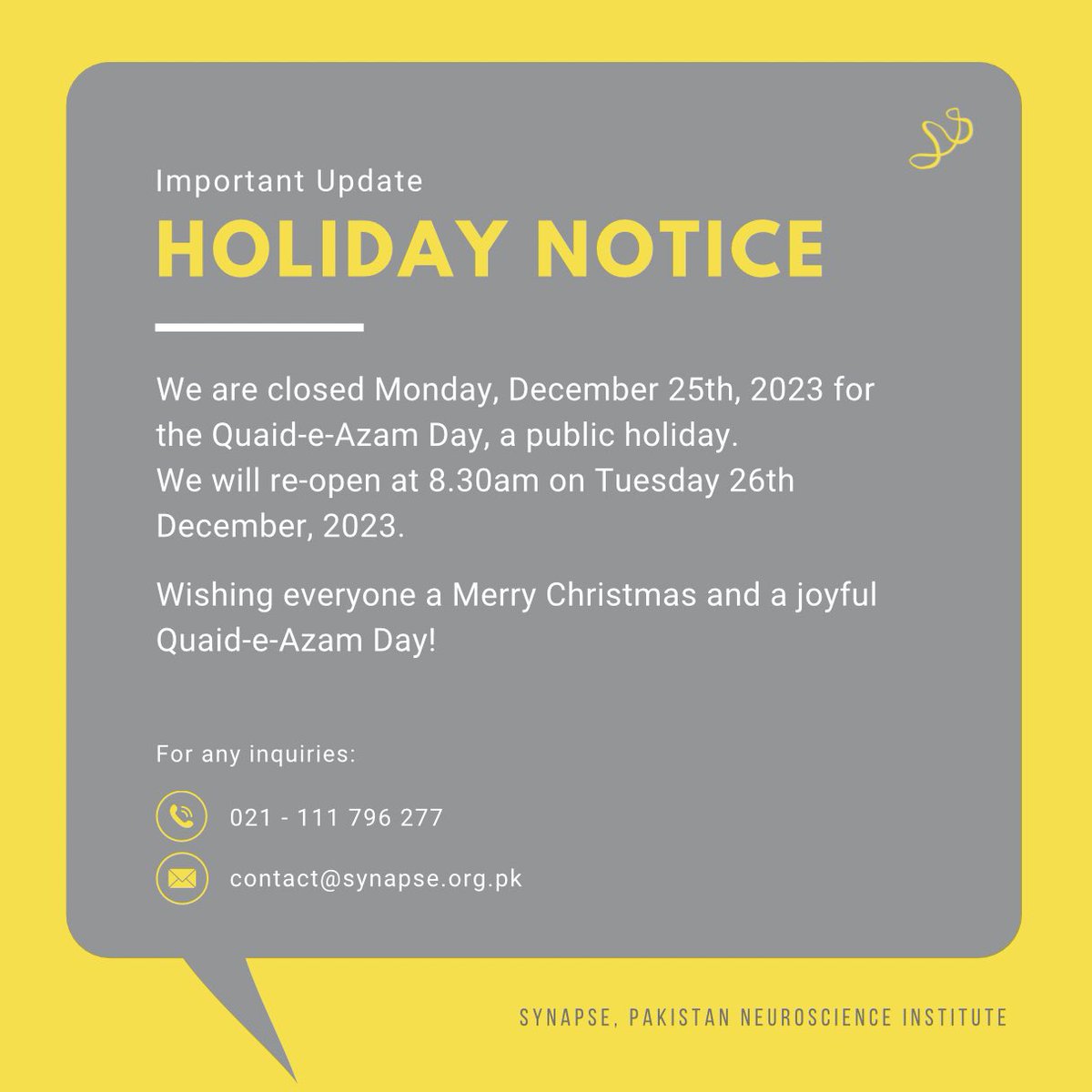 Important Notice: We are closed Monday, December 25th, 2023 for the Quaid-e-Azam Day, a public holiday We will re-open at 8.30am on Tuesday 26th December, 2023 Wishing everyone a Merry Christmas and a joyful Quaid-e-Azam Day!'