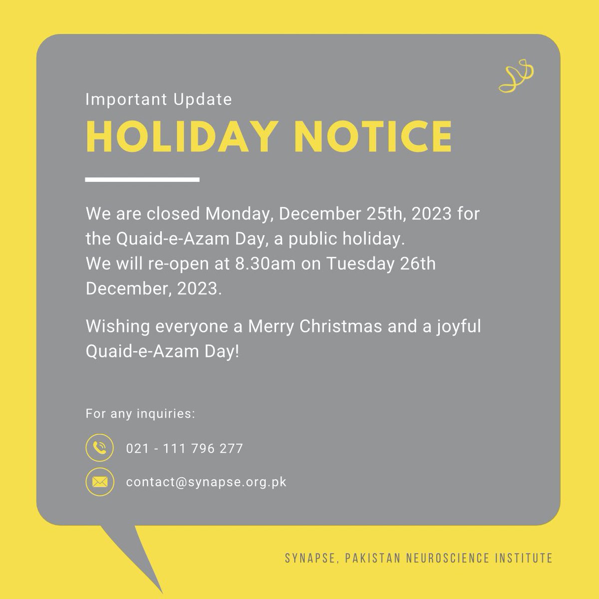 Important Notice: We are closed Monday, December 25th, 2023 for the Quaid-e-Azam Day, a public holiday
We will re-open at 8.30am on Tuesday 26th December, 2023

Wishing everyone a Merry Christmas and a joyful Quaid-e-Azam Day!"