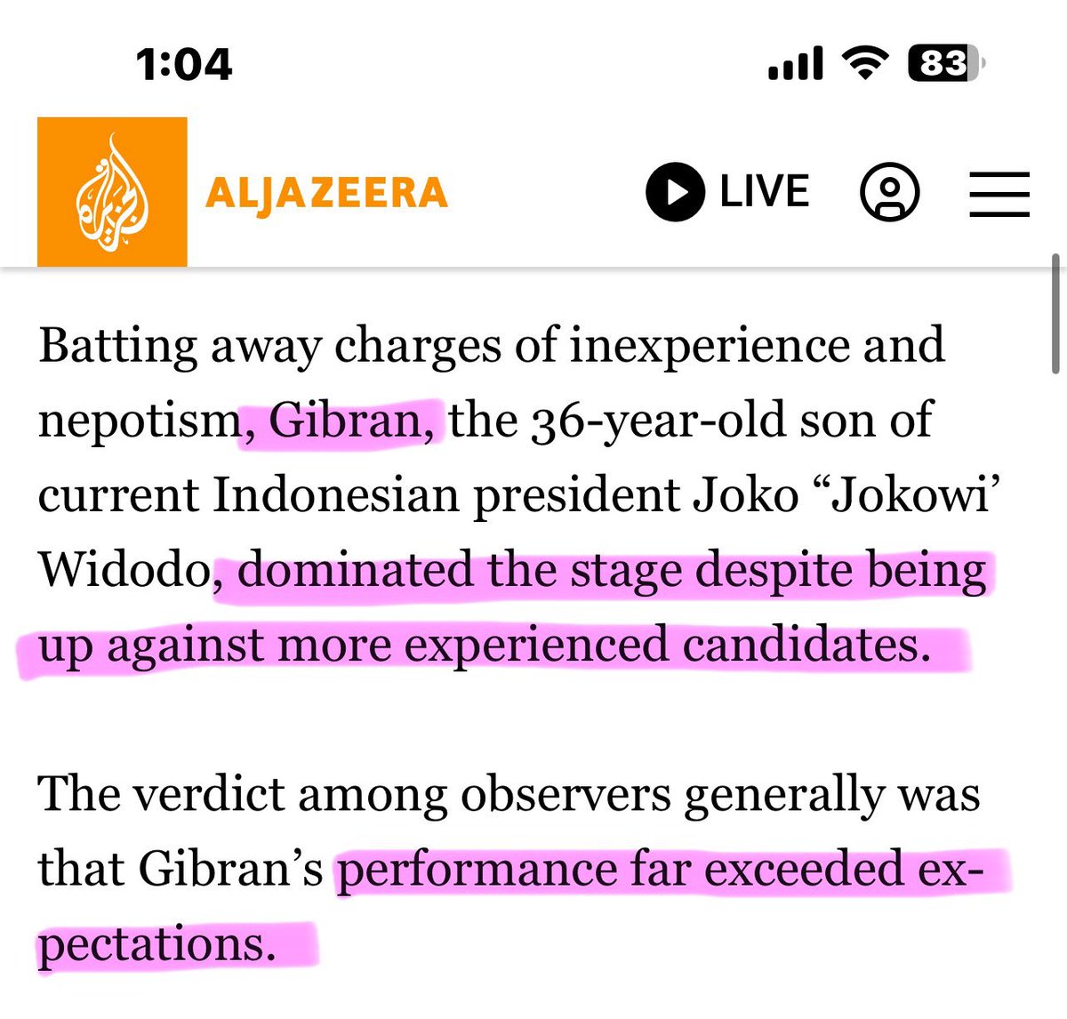 Berita di media2 luar negeri mulai dari Malaysia, Singapura, Jepang sampai Qatar-AlJazeera membahas dan memuji penampilan Gibran di debat kemarin. Selamat Mas! 😍👍
<a href="/gibran_tweet/">Gibran Rakabuming</a> <a href="/jokowi/">Joko Widodo</a> <a href="/prabowo/">Prabowo Subianto</a> <a href="/psi_id/">DPP PSI</a> <a href="/kaesangp/">“kak” Kaesang</a> <a href="/Gerindra/">Partai Gerindra</a> 
#gibran #GibranAgainstAllOdds #PrabowoGibran2024