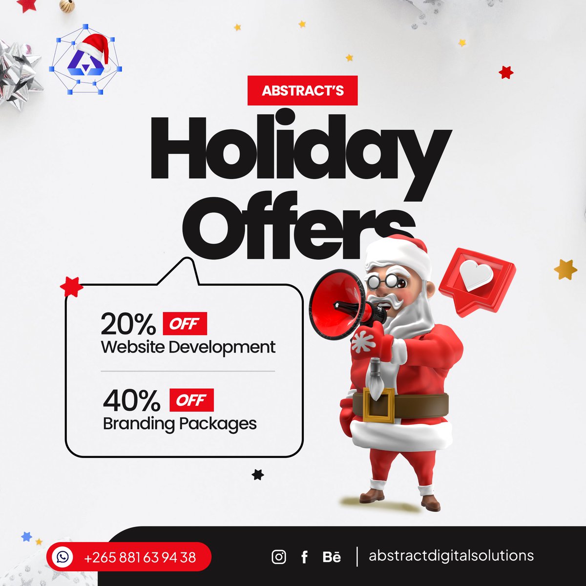 🤩CHECK OUT OUR LATEST PROMOTIONAL DISCOUNTS!!!🤩

You DO NOT wanna miss out on This Festive Opportunity!🎊🌲

Visit Our Social Media Pages for more Details!🥳🥳

#webdesignservicesmalawi  #logodesign #businesscardsdesign #brandidentitydesign
#abstractmw #abstractdigitalsolutions