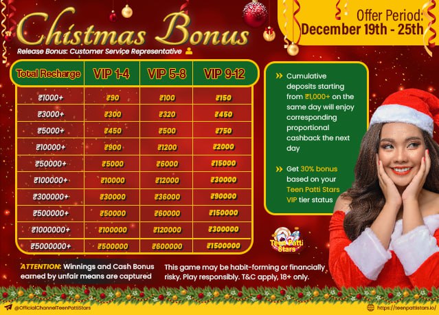 patti_stars's tweet photo. 🎄🎄🎄🎄🎄🎄🎄
C H R I S T M A S     B O N U S    UP TO RS. 15 LACS !! 🎅 
Offer Ends on 2️⃣5️⃣th December!!  🪙 
By Teen Patti Stars, Top Online Rummy Game in India! 🚀 

DOWNLOAD AND REGISTER TO GET THIS BONUS..
https://t.co/6jbGaJ17nf 

🎅Get ready for a week of non-stop thrills and overflowing riches!🪙🪙 🚀 Our exclusive CHRISTMAS BONUS is here, and it's your ticket to a world of extraordinary winnings!🎁

🎆 How it Works:
1. Deposit: Deposit to play your favorite game this Festive season
2 .Earn Cashback: Every 1,000RS Deposit earns you instant cashback.
3. Claim: Redeem your cashback bonus hassle-free!

🌟 Exclusive Weekend Perks:
Claim your Christmas bonus now and make this week unforgettable. But hurry, this exclusive offer is only valid between DECEMBER 1️⃣9️⃣th - DECEMBER 2️⃣5️⃣th  2023

🫴 Secure Wins, Thrilling Play:
-Fair play and secure wins guaranteed
-Share the joy! Refer a friend, and both of you get extra bonuses.

🎗🎗🚀 Rocket into a World of Wins! 🚀🎗🎗
 Explore Your Exclusive Christmas Bonus Now! 

🌐 Website:  https://t.co/PsarWhVVSo
💬Live Chat: https://t.co/iwalsLF2gB
➡️Agency Partnership: https://t.co/XBjA9PA6Re 
➡️Official Instagram: https://t.co/4qg1fOuSeZ 
➡️Official Facebook: https://t.co/FcFFABFLh2 
➡️Official Telegram Channel: https://t.co/PxCxf4nyFE 

#SalaarRulingBoxOffice #vivekbindra #EmpoweringYouth, #WeStandWithYash #POP8Up #sandeepmaheshwari #Terroristattack #2DaysToGo #paobc #30000கோடி_எங்கடா #SakshiMalik #BajrangPunia, #NationalFarmersDay #ThankYouBolaKya #ModiHaiNaa #TrumpSmells #SmackDown📷 #LIVARS #AEWRampage #SalaarReview #辰乐2023闭年刊