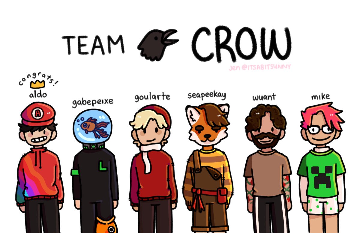 drawing all the qsmp purgatory 2 teams (4/8)

introducing đội quạ aka team crow (huge congrats to aldo :D)

[ #qsmpfanart #qsmppurgatory2 #aldofanart #gabepeixefanart #goulartefanart #seapeekayfanart #wuantfanart #mikethelinkfanart ]