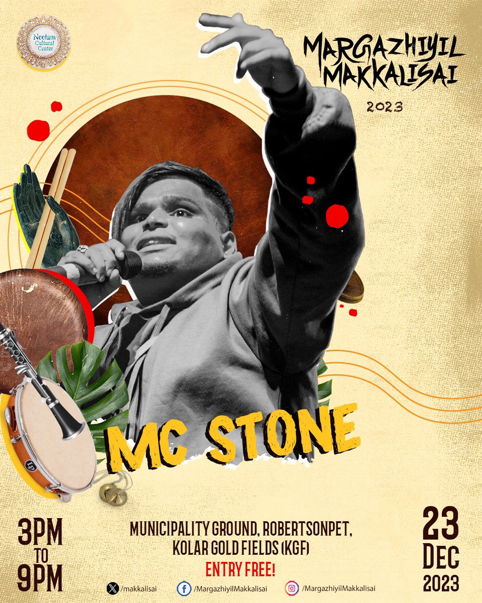 Margazhiyil Makkalisai 2023!

The line up for today's Rap session🎊🥁🎺

Neelam Cultural Center welcomes you all to come celebrate Margazhiyil Makkalisai with us! 
Entry Free!

Today at 3pm. 

Location: Municipality Ground, Robertsonpet.
Kolar Gold Fields,Karnataka.